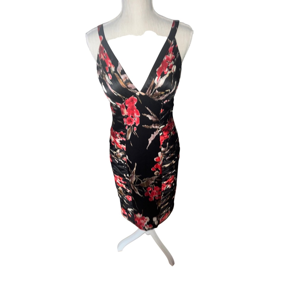 Adrianna Papell  Silk Floral Ruched Tie Back Cocktail Dress Black Red 8/S